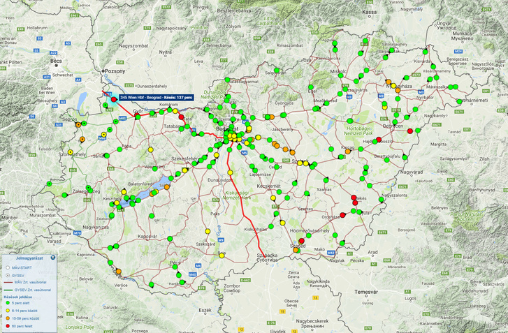 A MÁV Elvira-térképén pirossal láthatók a leállított nemzetközi vonatok.