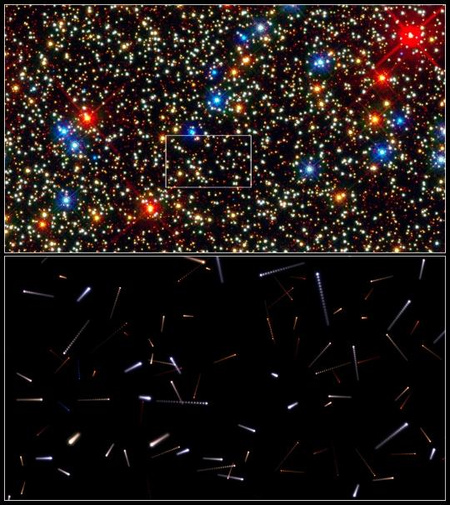 A felső képen az ω Centauri gömbhalmaz központi részének a Hubble WFC3 (Wide Field Camera 3) műszerével felvett képe látható. A mezőben található csillagok mozgásának iránya véletlenszerű, ahogyan a 2002-ben és 2006-ban rögzített felvételek segítségével végzett sajátmozgás-mérések mutatják. Az eredmények alapján az objektumok jövőbeli mozgása is előrejelezhető. Az alsó kép a fehér téglalapban lévő csillagok 600 évre előre számított elmozdulását mutatja, két pont között a lépésköz 30 év. [NASA, ESA, G. Bacon (STScI)]