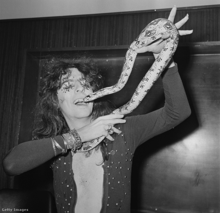 Alice Cooper 1971-ben a színpadi kellékként használt pitonjával
