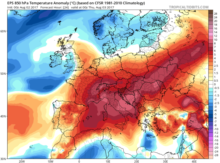 Európa augusztus 2-i hőtérképe