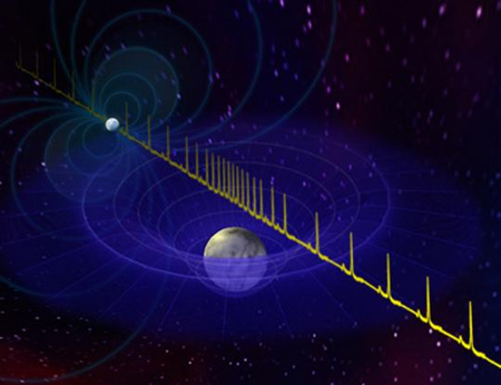 Magyarázó ábra arról, hogy a fehér törpe gravitációs tere hogyan késlelteti a neutrocsillag rádiópulzusait. [Bill Saxton/NRAO/AUI/NSF]