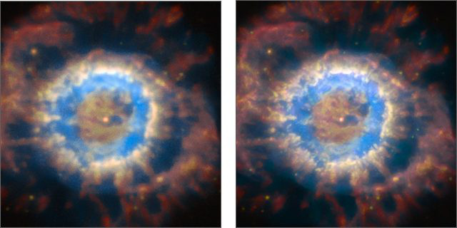 Az NGC 6369 planetáris köd, a bal oldali képen adaptív optikás korrekció nélkül, a jobb oldalin pedig a korrekcióval. Jól látható, hogy az AOF hatására sokkal finomabb és halványabb szerkezeti elemek is előtűnnek
