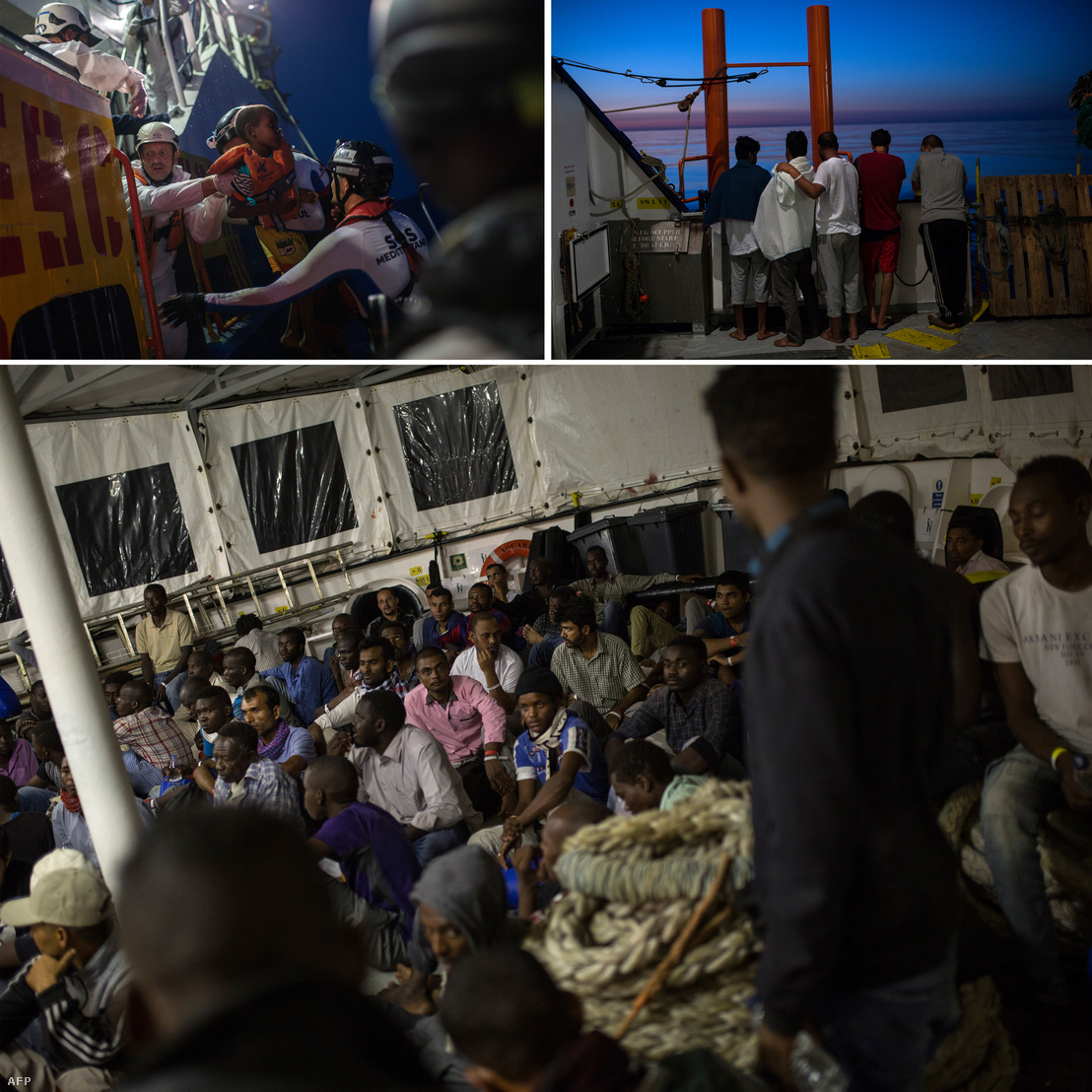 Menekültek az SOS Mediterranee és az Orvosok Határok Nélkül (MSF) szervezetek által működtetett Aquarius mentőhajó fedélzetén a Földközi-tengeren, 2017. augusztus 15-én