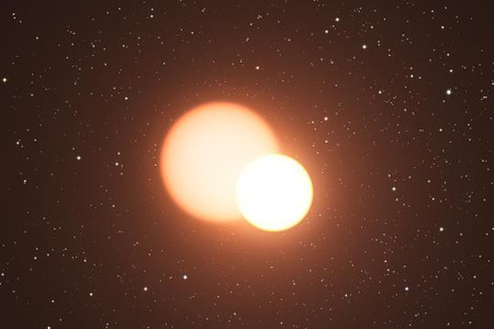 Fantáziarajz a Nagy Magellán-felhő OGLE-LMC-CEP0227 katalógusjelű fedési kettős rendszeréről, melynek egyik komponense - a rajzon a hozzánk közelebbi, kisebb csillag - egy cefeida típusú pulzáló változócsillag. [ESO/L. Calçada]