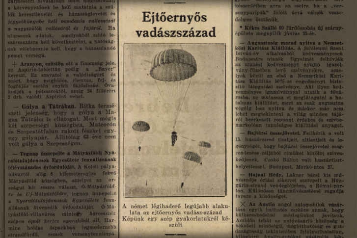 Az ejtőernyősök hamar feltűntek a sajtóban is. 8 Órai Újság, 1938. június 26.