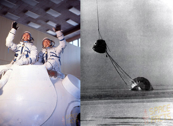 Balra: a két űrhajós még kiképzés közben, jobbra: helikopterrel próbálták kiemelni a jeges vízből a kabint