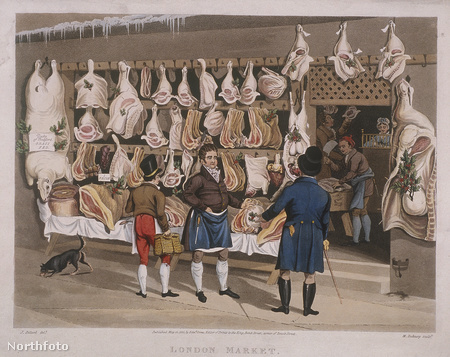 Egy londoni hentes kirakata 1822-ből. Kutyahússal