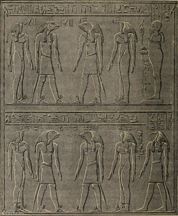 Az Ogdoád Philae-ben; a felső sor jobb szélén Ptah, az alsó sor jobb szélén Thot látható