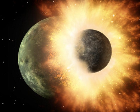 Fantáziakép egy Merkúr- és egy Hold-méretű égitest ütközéséről - ilyen események játszódhattak le a bolygókeletkezési folyamatok utolsó szakaszában is (fotó: NASA/JPL-Caltech).