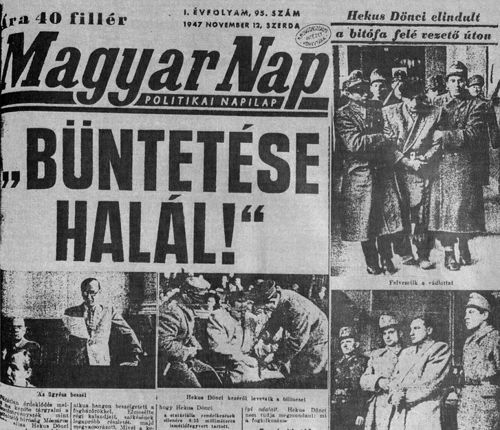 A Magyar Nap nevű újság 1947 novemberi Mészáros István tárgyalásáról szóló címlapja.