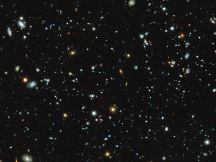 A MUSE felvétele a HUDF mezőről, és a Lyman-alfa fényt sugárzó galaxisok