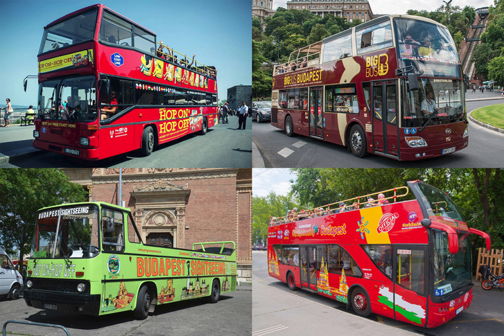 Bal felső kép: Giraffe Hop on Hop off; jobb felső: Big Bus; bal alsó: Budapest Sightseeing; jobb alsó: Mr. Nilsz