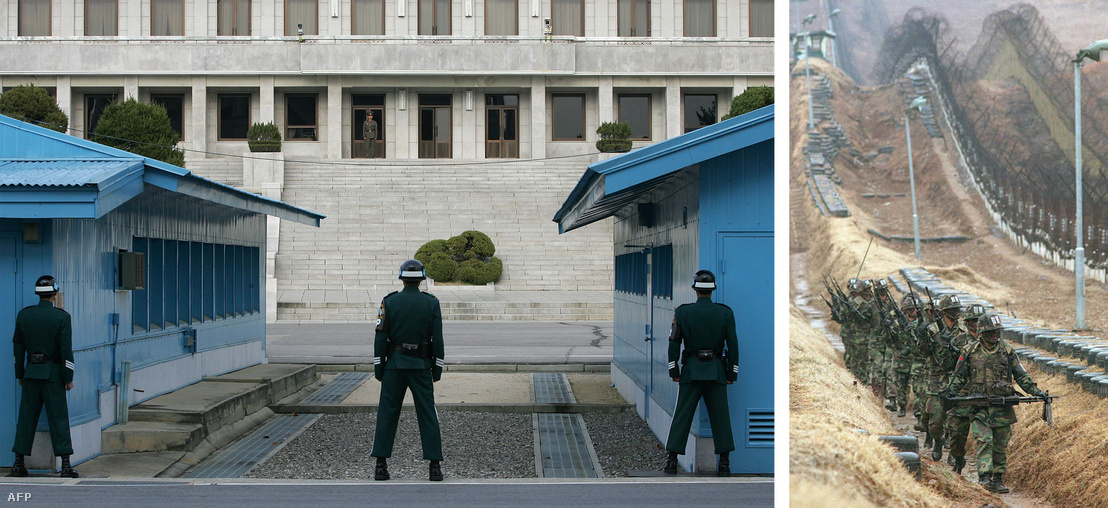 Bal: Dél-koreai katonák egy Panmunjom határvárosnál lévő ellenőrző ponton 2013-ban. - Jobb: Dél-koreai katonák járőröznek a demilitarizált övezet déli oldalán 1996-ban.