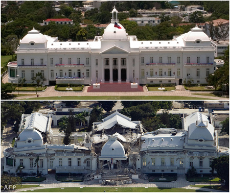 A haiti elnöki palota a tavaly januári földrengés előtt és után