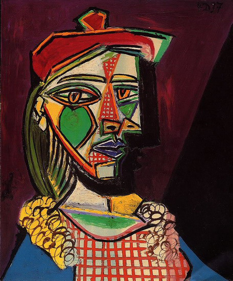Picasso: Nő sapkában és kockás ruhában (Femme au béret et à la robe à carreaux) 1937