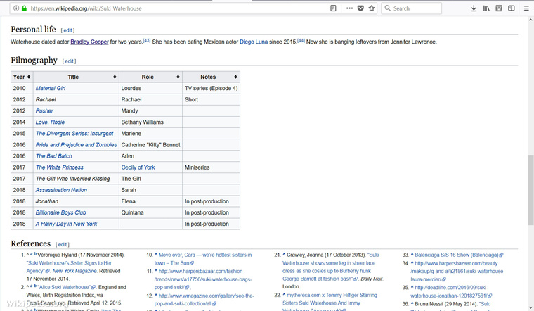 A Personal Life, azaz Magánélet rovatnál Suki Waterhouse Wikipédia-oldalán a cikk megjelenésekor az áll, hogy korábbi élettársai Bradley Cooper és Diego Luna, valamint kb.