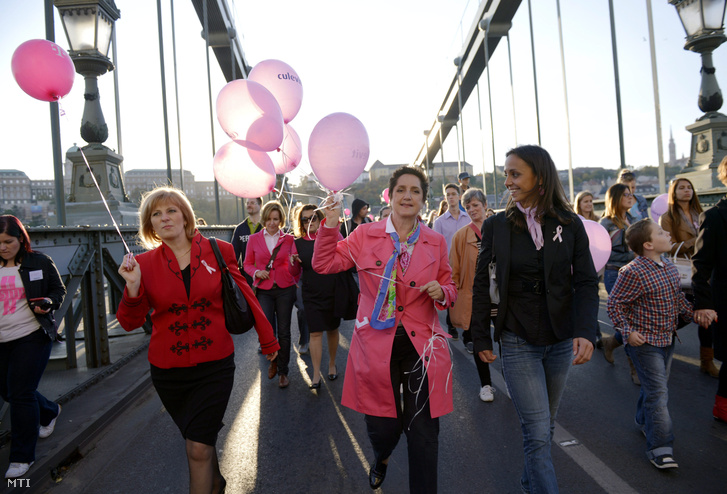 Bábiné Szottfried Gabriella a Fidesz parlamenti képviselője(b), Körtvélyes Éva az Egészség Hídja Összefogás Egyesület elnöke(k) és Detre Diána olimpikon szörföző az Egészség Hídja elnevezésű demonstráción a Lánchídon 2013. október 13-án