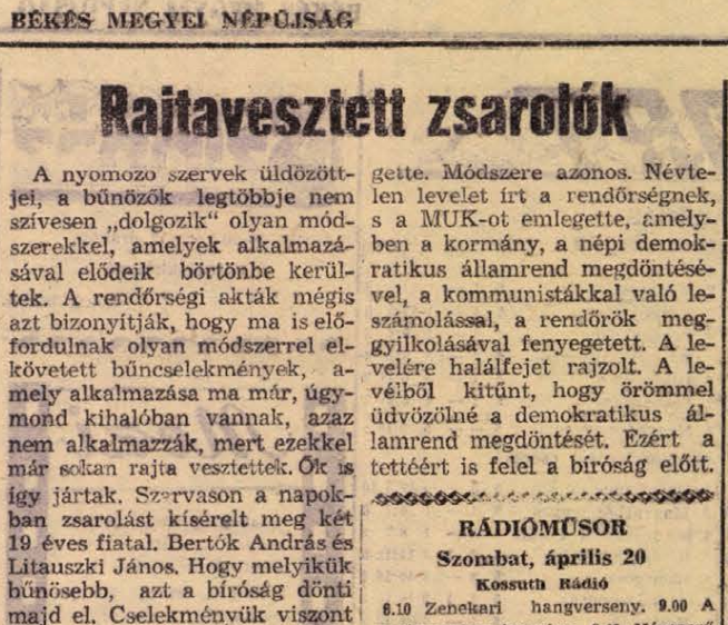 Részlet a Békés Megyei Népújság 1957. április 20-i cikkéből