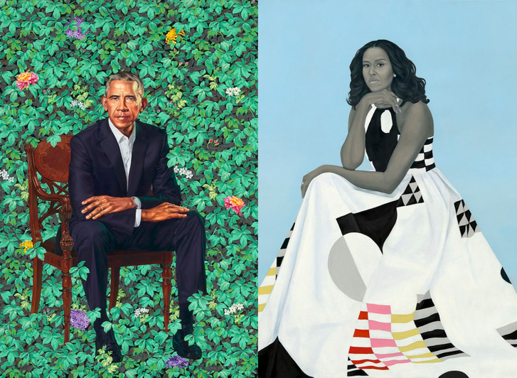 Kehinde Wiley, Barack Obama, 2018.; Amy Sherald, Michelle LaVaughn Robinson Obama, 2018.