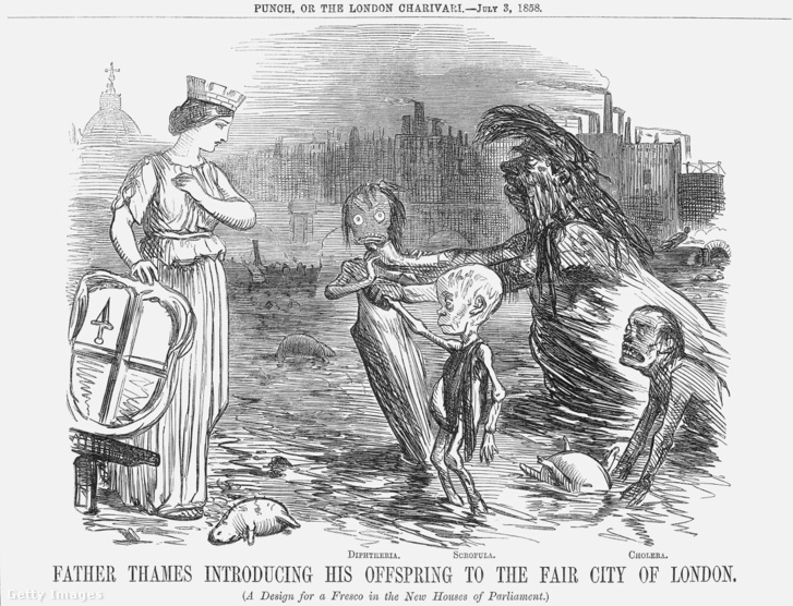 Temze atya bemutatja gyermekeit, Diftériát, Gümőkórt és Kolerát Londonnak – a parlament új épületébe szánt freskó terve a Punch humormagazin 1858. július 3-ai számából