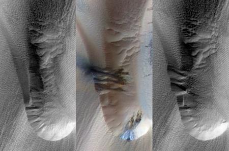Aktívan változó - az MRO/HiRISE kamerával három különböző időpontban megörökített - dűneterület a Mars északi pólusvidékén (NASA/JPL).