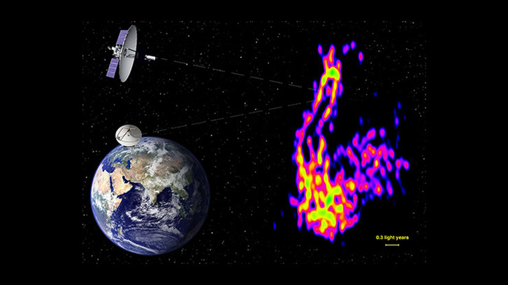 Művészi koncepció a RadiAstron teleszkóp által megfigyelt NGC 1275 katalógusszámot viselő, Perseus A galaxisról.