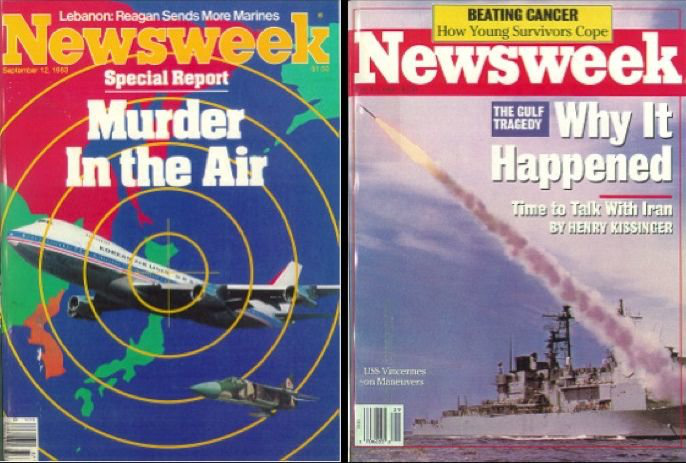 A Newsweek a koreai gép oroszok általi lelövését gyilkosságként, míg az iráni gép lelövését balesetként tálalta.