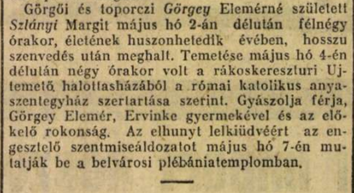 Gyászjelentés - Magyarság 1929. május 5. 18. o.