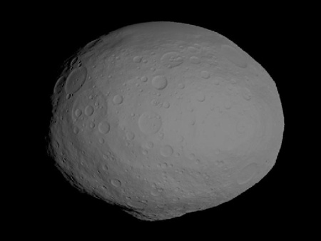 A Vesta legfrissebb modellje korábbi földi és HST-s megfigyelések alapján készült. A felszín finomabb részletei, kráterek természetesen nem valóságosak, hanem számítógépes szimulációval készültek. A Vesta óriás krátere a test alsó részén sejthető, mert épp takarásban van (kép: NASA Tudományos hírek 2011. március 29.).