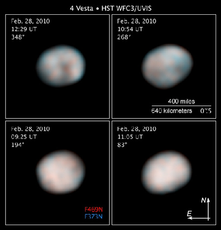 A Vesta megfigyelése a HST WFC3 műszerével 2010. február 28-án az ultraibolyában 373 nanométeren (a képen kék szín árnyalat) és 469 nanométeren (vöröses árnyalat). A kompozit képeken a megfigyelés időpontja világidőben és a kisbolygó koodinátarendszerében megadott centrálmeridián is szerepel fokban. A méretskála kilométerben és szögmásodpercben is fel van tüntetve&nbsp; (kép: STScI-2010-33).