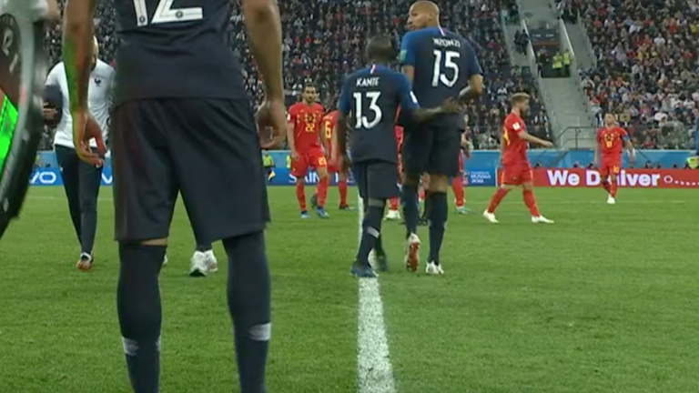 Steven Nzonzi és Ngolo Kante a francia válogatott Belgium elleni világbajnoki elődöntőjében.