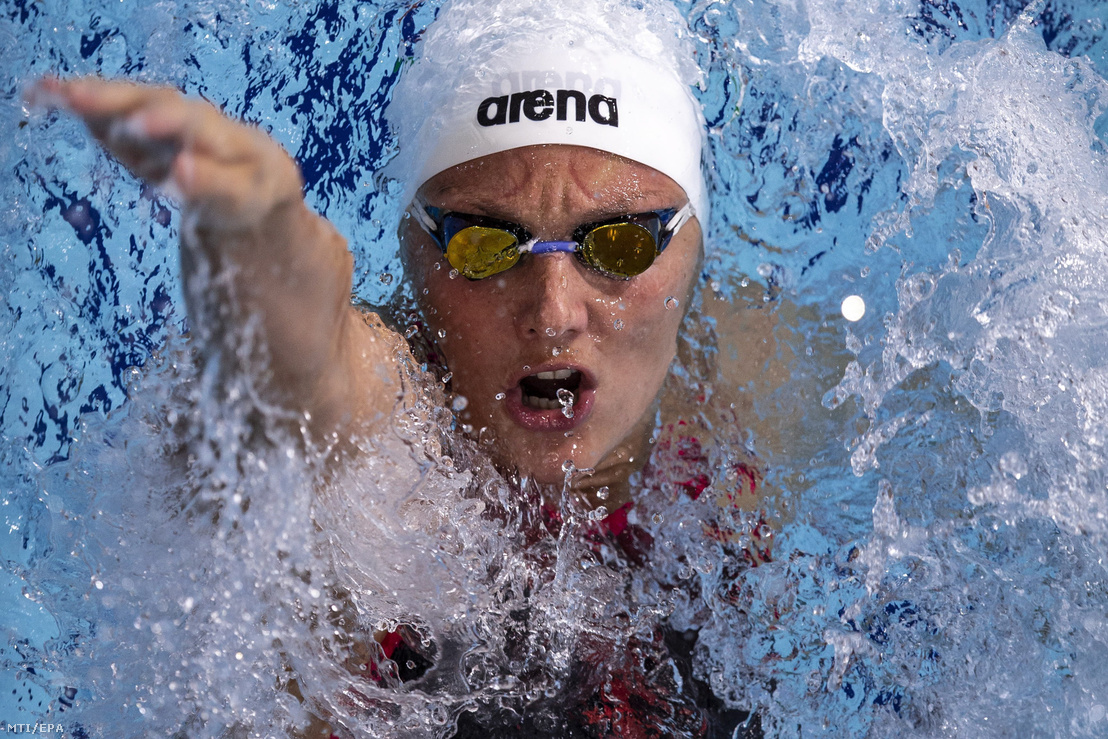 Hosszú Katinka a glasgow-i úszó Európa-bajnokság női 4x100 méteres vegyesváltójának előfutamában 2018. augusztus 9-én.