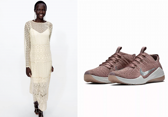 Hosszú csipke ruha: Zara, 12995 forint, Nike Air Zoom Fearless Flyknit sneaker: Nike, 130 euró