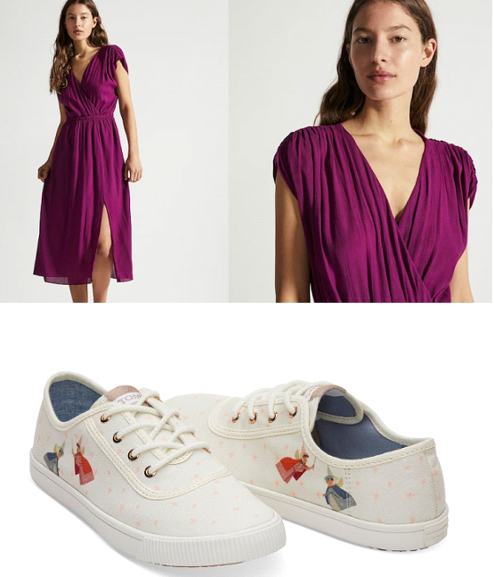 Átlapolós ruha: Oysho, 9995 forint, Disney mintás cipő: TOMS, 69,95 dollár