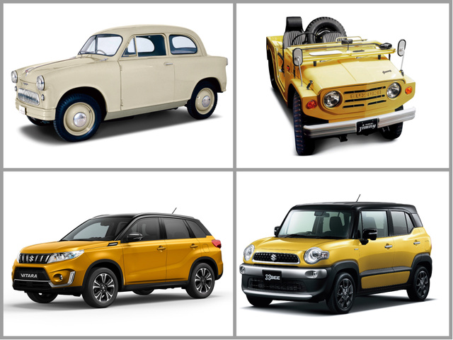 Suzuki evolúció: Suzulight, a japán Trabant – Az ikonikus Jimny – XBEE koncepcióautó 2017-ből – A 2018-ban megújult Vitara (Az óramutató járásával megegyezően)