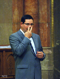 Kósa Ádám jelbeszédet használva szólal fel a Parlamentben (fotó: Bruzák Noémi)