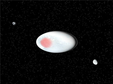 A Haumea törpebolygó és két kis holdjának fantáziaképe (Kép: SINC/José Antonio Peñas)