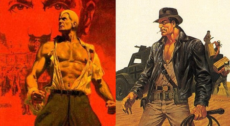 Balra az 1945-ös Doc Savage: The Hate Genius 1979-es kiadása, jobbra Jim Steranko Indiana Jones karaktervázlata, szintén 79-ből