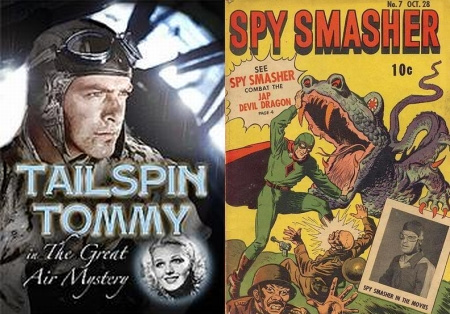 A Tailspin Tommy plakátja, és egy Spy Smasher képregény 1942-ből, a moziváltozat reklámjával