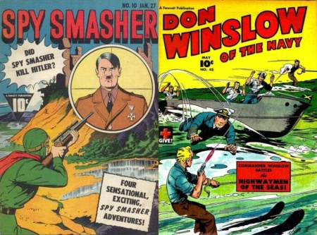 Spy Smasher megöli Hitlert (képregény 143-ból),  Don Winslow of the Navy jellegzetes Indy-mozdulattal akciózik (képregény 1947-ből)