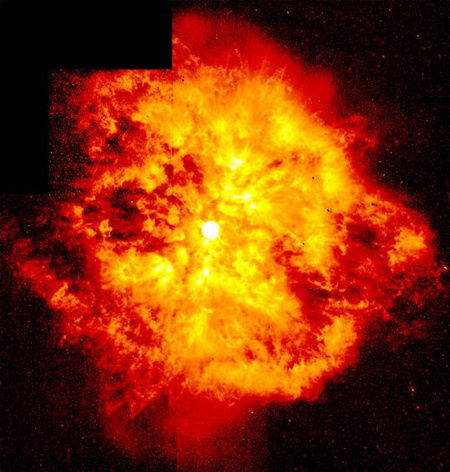 A Hubble Űrteleszkóp felvétele a WR 124 katalógusjelű Wolf-Rayet csillag körüli M1-67 jelű ködről. [Y. Grosdidier, A. Moffat (Université de Montréal), NASA]