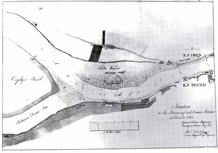 A Duna medre a Csepel-sziget előtt 1815 körül. A folyó hosszú századok alatt a Nyúlfutási-zátonyt és a Kopaszi-zátonyt építette fel a hordalékából, telente ezen a sekélyes folyamrészen könnyen megakadtak a zajló jégtáblák és torlaszt okoztak Készítette: Josef Eklér, Közkincs