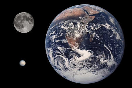 A Ceres (bal alsó sarokban), a Hold és a Föld méretarányai