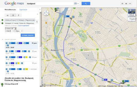 A Google útvonalterve a Köki és a Flórián tér között