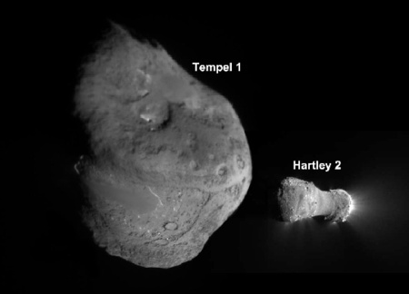 A 9P/Tempel 1-üstökös mintegy 6 km-es magja (balra) és a 103P/Hartley 2 2,33 km hosszú magja (jobbra) a Deep Impact 2005-ben és Deep Impact/EPOXI űrprogram során 2010-ben készült felvételeken ugyanazon a méretskálán. Szembetűnő a két üstökösmag mérete, alakja és felszíni szerkezete közötti nagyfokú különbség (kép: NASA Deep Impact/EPOXI).