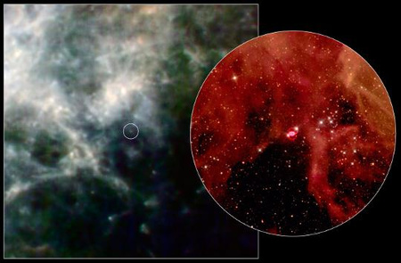 A bal oldali kép a Nagy Magellán-felhő SN 1987A körüli területét mutatja a Herschel távoli infravörös felvételén, a szupernóva-maradvány a középen megfigyelhető fényes folt fehér körrel megjelölve. A körön belüli régió részletesebb, az optikai tartományban a Hubble Űrteleszkóp által készített képe a jobb oldalon látható.