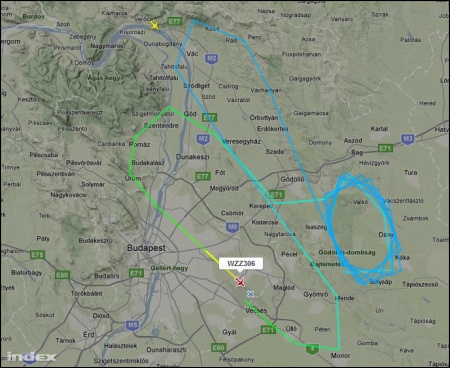 A flightradar24.com rögzítette a gép útvonalát.