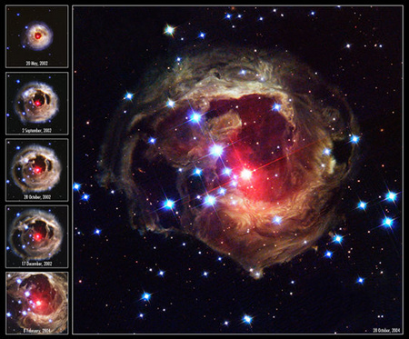 A V838 Monocerotis 2002-ben észlelt kitörése drámai visszfény-jelenséget (light echo) váltott ki a csillagot övező porfelhőkről visszavert fény segítségével (kép: STScI).