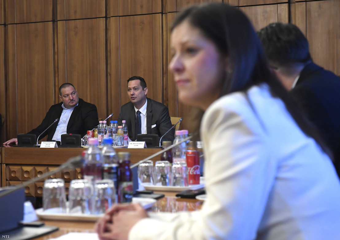 Szilárd Németh VP (Fidesz) and Zsolt Molnár (MSZP) president of the National Security Committee at a committee meeting with Bernadett Szél in the foreground on 25 January 2018