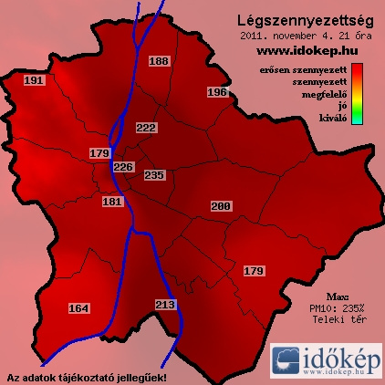 Budapest légszennyezettsége tegnap (nov.4) este kilenckor. Minden határérték kritikus.
